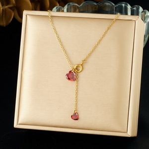 Stainless Steel Heart Pendant Necklace Red Rhinestone Clavicle Chain Gift Jewelry - Product Image 1