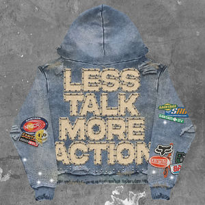 हुइली एक स्टॉप कस्टमाइज्ड विंटेज धोया मोटी कपास जिप-हुडी पुरुषों एपलिक पेचदार परेशान कढ़ाई गैंडा गुडी - Product Image 2