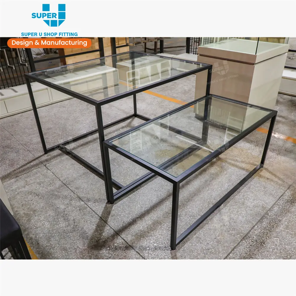 China Guangzhou Glass Retail Nesting Table Shop Display Case Wholesale Luxury Metal Glass Table for Store Sales