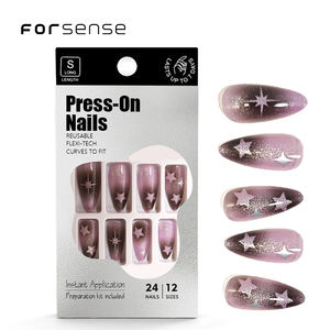 Logotipo personalizado <span class=keywords><strong>Pretty</strong></span> CAT Eyes Uñas postizas con pegamento Short Almond Abs Press on Nail Dark Purple Black Stars Charms Design Nail Tips - Product Image 1