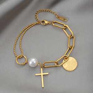 Collar con Colgante de Cruz de Acero Inoxidable con Perla Dorada, Brazalete de 3 Capas, Religioso Cristiano Católico, Jesús para Mí - Product Image 3