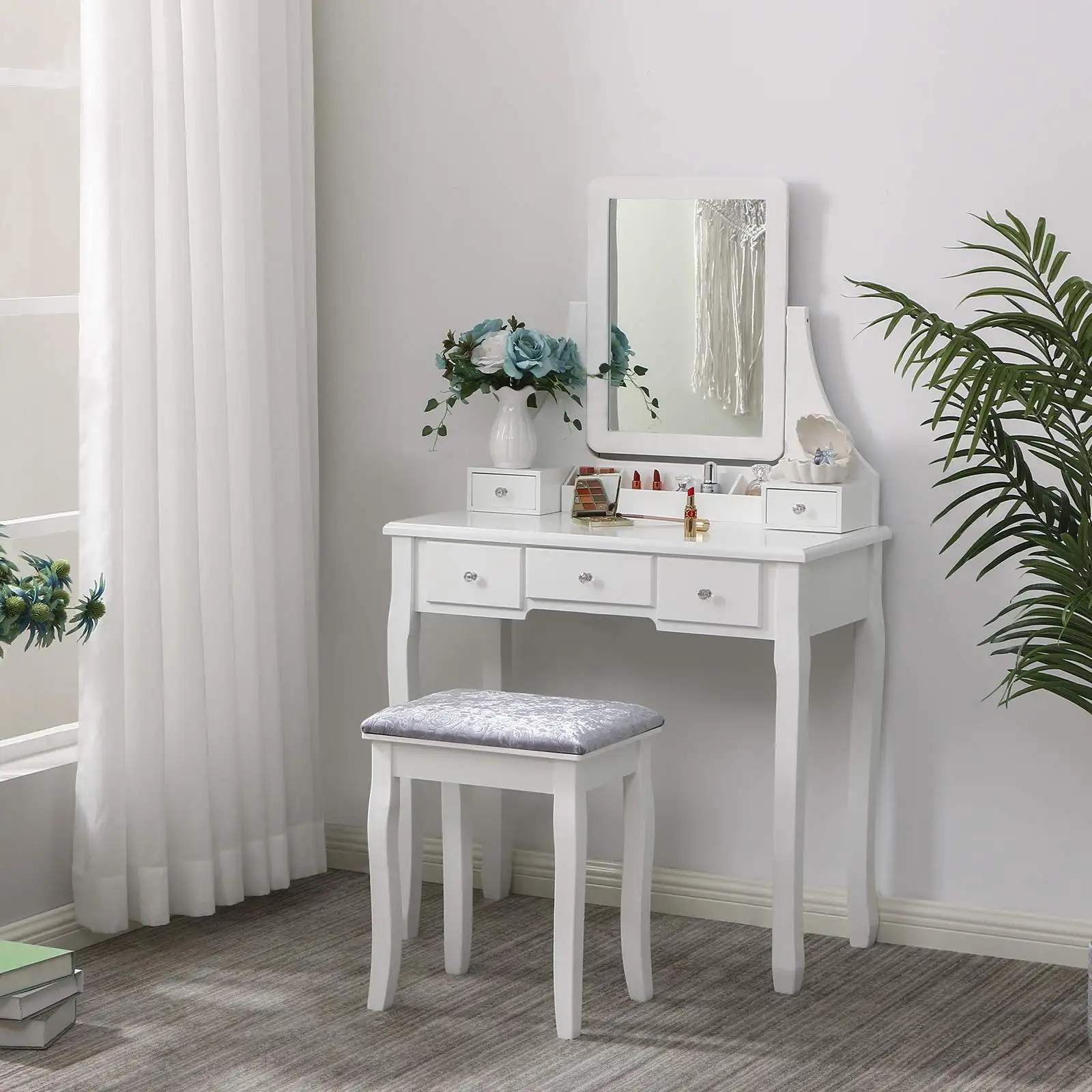 Cushioned Stool Dressing Table Vanity Makeup Table 5 Drawers 2 Dividers Movable Organizers White Vanity Set with Mirror