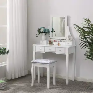 Sgabello imbottito tavolo da trucco di vanità 5 cassetti 2 divisori organizzatori mobili bianco Set di vanità con specchio
