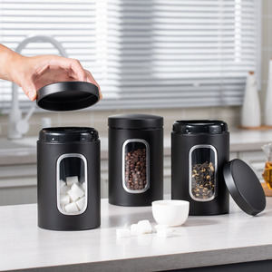 Wholesale Modern <b>Set</b> of 3 Piece Black Metal Sealed Food Storage With Window Kitchen <b>Coffee</b> Beans <b>Tea</b> <b>Sugar</b> Canisters Container - Product Image 3