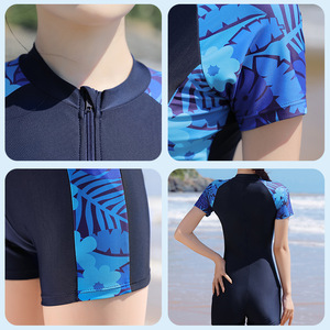 Traje de baño de una pieza para mujer de Qingdao, UPF50+, con bloques de color, cuello redondo, manga corta, para natación y deportes acuáticos - Product Image 3