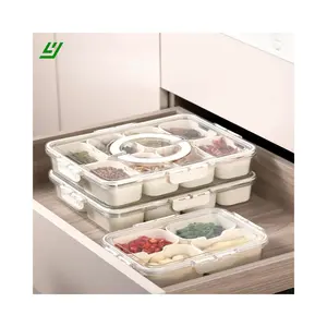 Organizador de alimentos secos de 8 compartimentos para cocina de mascotas, contenedor de almacenamiento de especias dividido con asa, contenedor de alimentos transparente