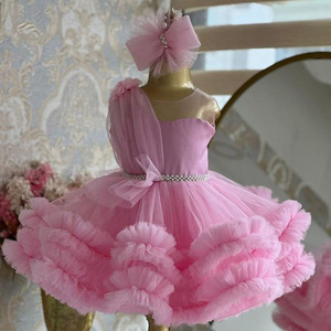 Princess Pink One Shoulder Performance Couture Ruffled Tulle <strong>Tutu</strong> Skirt Pearl Belt Decoration Birthday Party <strong>Dress</strong> for Girls - Product Image 6