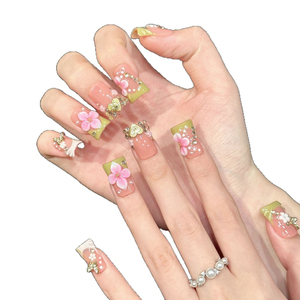 <span class=keywords><strong>Uñas</strong></span> <span class=keywords><strong>Postizas</strong></span> Hechas a Mano al por Mayor, Estilo Duckbill, <span class=keywords><strong>Cortas</strong></span> y Anchas, con Flores 3D, Diamantes <span class=keywords><strong>de</strong></span> Imitación, Brillo Morado y Rosa, Reutilizables, OEM, ODM, Empaque Personalizado - Product Image 3