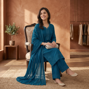 Wholesale Indian Ethnic Wear Teal <b>Blue</b> Cotton Kurta Palazzo Set with Dupatta Lucknowi Chikankari Suit Women Clothing Salwar Kame - Product Image 1