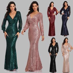 Robe <span class=keywords><strong>de</strong></span> mariée sirène à sequins, col en V, manches longues, grande taille, tendance, collection printemps-automne, pour femme - Product Image 2