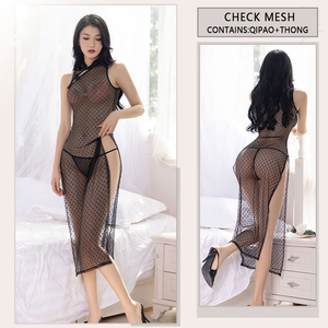 Lencería Sexy, <span class=keywords><strong>Cheongsam</strong></span> Chino para Mujer, Abertura Alta, Seda Negra, Estampado <span class=keywords><strong>de</strong></span> Lunares, Transparente, Vestido Qipao <span class=keywords><strong>de</strong></span> Malla, Camisón para el Hogar 6430 - Product Image 4