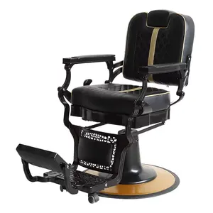 High-end custom black leather golden texture tilted barber chair with large pump