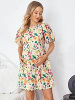 Vestido Floral con Mangas Abullonadas, Ropa de Embarazo, Camisones de Maternidad, Pijamas, Ropa de Maternidad Personalizada, Camisón Corto