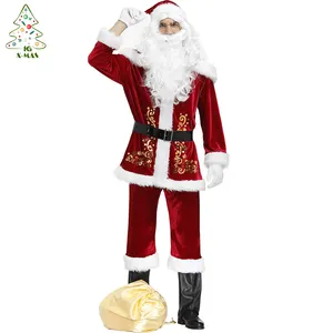 KG Xmas Decoration Noel Navidad Natale In Stock 10-piece Set Deluxe Velvet Christmas Cosplay Costume Santa Claus Suit For Men