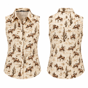 Ladys Woman Western Fashion Blouse Snap Front Shirts Sleeveless Horse Print <b>Cowgirl</b> <b>Top</b> Casual Summer Turn Down Collar - Product Image 2