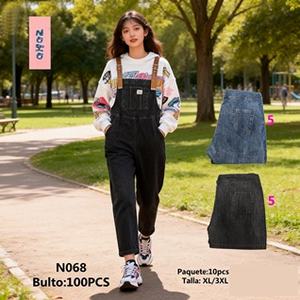 N068 Salopette in Denim da Donna a Vita Alta Vestibilità Ampia Lavaggio Scuro Stile Casual in Tessuto 100% Cotone con Tasche - Product Image 3