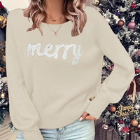 Pull de Noël personnalisé pour femme, rouge, imprimé lettres joyeuses, tricoté, ample, manches longues, pour les fêtes
