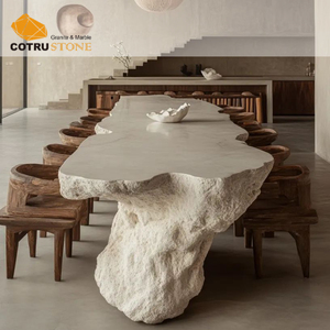 Meja Makan Modern Travertine Putih Beige Alami Bentuk Tidak Beraturan, Meja Konferensi 8 Kursi, Ukiran dan Patung Batu untuk Villa - Product Image 5