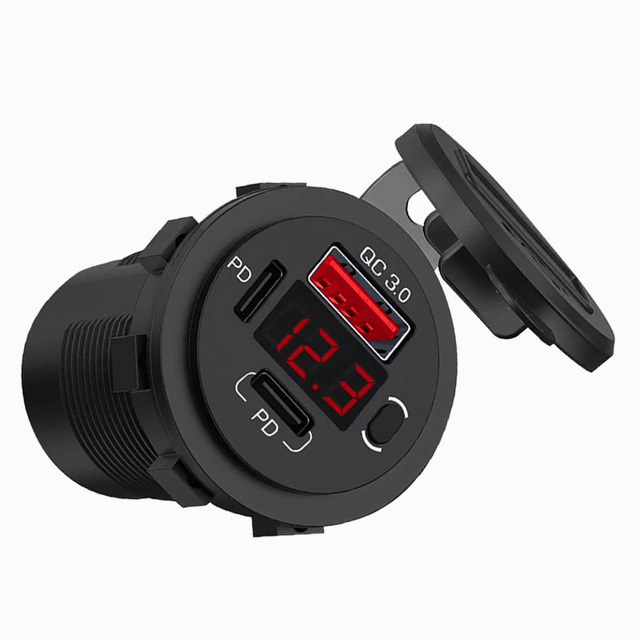 Dual USB-C PD 60W Car Power Adapter with QC3.0 Universal 12V 24V Charging Station for RV Marine Truck Motorcycle