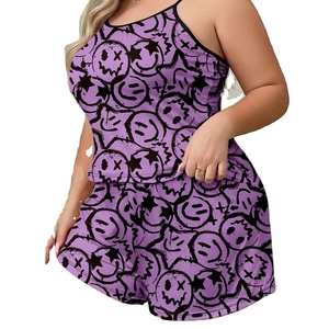 Pyjama d'été grande taille pour femmes Fond violet Noir <span class=keywords><strong>Graffiti</strong></span> Halter Short Sleeve Shorts Deux pièces Home Wear - Product Image 1