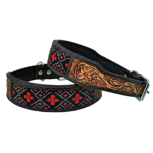 Collier pour chien en cuir véritable fait main avec motif géométrique perlé, boucle rembourrée, style western classique, utilisable toute l'année - Product Image 1