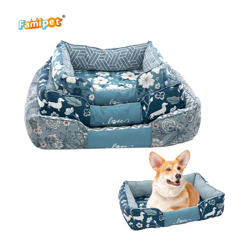 Famipet 제조업체 사용자 정의 로고 새로운 디자인 럭셔리 편안한 통기성 직사각형 부드러운 빨 애완 동물 고양이 개 침대