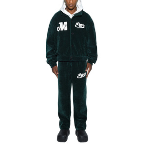 High Quality Men Boxy Heavyweight Front Letter Embroidery Velvet Velour <strong>Leather</strong> <strong>Long</strong> Sleeve Button up Boxy Man Corduroy <strong>Jacket</strong> - Product Image 3