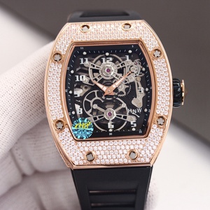 Montre de luxe de style hip-hop haut de gamme pour homme, automatique, mécanique, squelette, avec diamants incrustés, boîtier argenté, bracelet en caoutchouc <span class=keywords><strong>rouge</strong></span> - Product Image 6