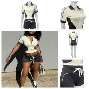 Chaqueta de manga corta de retazos informal de moda al por mayor con logotipo personalizado y Pantalones rectos con cordón, chándal de dos piezas - Product Image 3