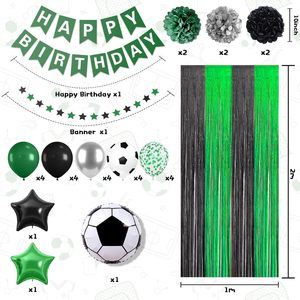 Décorations d'<span class=keywords><strong>anniversaire</strong></span> sur le thème du football, y compris des ballons de fête, une bannière <span class=keywords><strong>Joyeux</strong></span> <span class=keywords><strong>Anniversaire</strong></span>, un rideau à franges et des pompons en papier de soie - Product Image 3