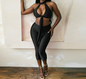 Viviblook J26ST290 Women <b>Sexy</b> Sleeveless <b>Set</b> Halter Strapless Hollow Out Twisted Ribbon Crop Top Cropped Pant Two Piece <b>Set</b> - Product Image 1