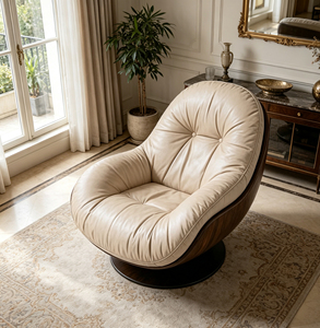 <span class=keywords><strong>Fauteuil</strong></span> <span class=keywords><strong>pivotant</strong></span> de style européen, <span class=keywords><strong>coque</strong></span> en bois courbée, aspect cuir crème, dossier capitonné, <span class=keywords><strong>fauteuil</strong></span> d'appoint rotatif - Product Image 6