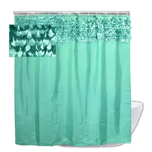 Modern Style 3D Leaves Decoration Green Bathroom Curtain WIth Valance