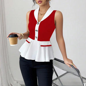 Women's New Color-Blocked Waist V-neck Ruffled Hem Sleeveless <b>Shirt</b> Fashion - Product Image 3