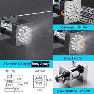Jets de pulvérisation de corps de douche en laiton carré 2 fonctions brume de pluie buse de Massage de bain pivotante chrome mural 4 pièces 6 pièces - Product Image 2
