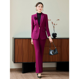 Women's Purple Pants Suit Slim Fit Long Sleeve Professional Formal Wear Anti-Wrinkle Worsteds Business Leisure Banquet - Product Image 3