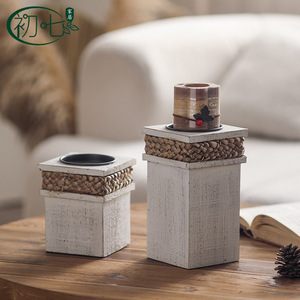 Portavelas Cuadrado de Madera con Banda Tejida para Decoración del Hogar A3053 - Product Image 4