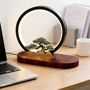 Chinese Style Aluminum Metal Circular Pine Decor LED Dimmable Table Lamp with <b>Wireless</b> Charging and Custom Logo - Product Image 3