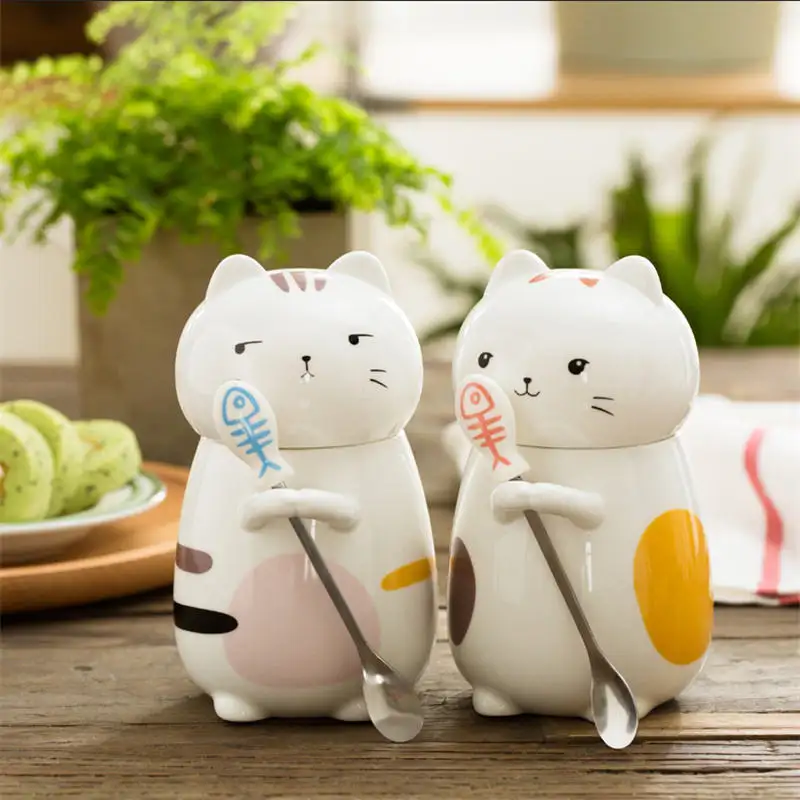 New Wholesale 400ml Cartoon Cat Shaped Porcelain Cup Ceramic Coffee Mug With Spoon Lid