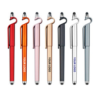 Stylo publicitaire multifonctionnel 3-en-1 en plastique avec support de téléphone, encre bleue, pointe gel 0,5 mm, logo personnalisé, pour bureau et école, noir