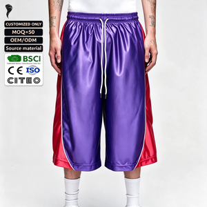OEM Custom <b>Men</b> Color Block Shiny Satin Basketball <b>Shorts</b> Elastic Waist Drawstring Loose <b>Long</b> Sports <b>Shorts</b> - Product Image 1