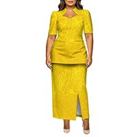Ensemble de soirée 2 pièces Puletasi pour femme, jaune vif, imprimé géométrique, style vintage, avec haut à col montant et robe longue fendue, coupe ajustée ethnique