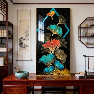 Arte Decorativo de Pared con Hojas de Ginkgo, Impresiones Personalizadas para el Hogar, Pintura de Porcelana de Cristal con Luz LED para Sala de Estar - Product Image 1