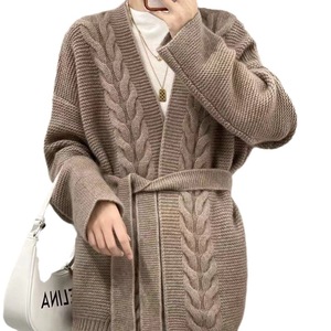 Cárdigan de lana 100% grueso de siete agujas para <span class=keywords><strong>mujer</strong></span> de estilo perezoso suelto sin botones de longitud media personalizado chaqueta de suéter LARGO DE Cachemira - Product Image 1
