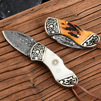 Couteau pliant en acier Damas avec manche en os de vache, portable, pour cuisine, extérieur, utilitaire, couteau de poche à fruits, en stock chez les fabricants
