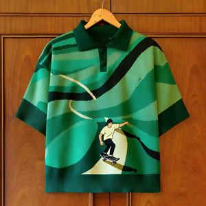 Polo da Uomo in Maglia di Cotone Personalizzata con Design Jacquard a Palme di Cocco, Maniche Corte e Colletto Risvoltato, Ideale per l'Estate - Product Image 1