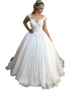 Винтажное бальное платье 2021, свадебные платья с прозрачным круглым вырезом, аппликациями, кружевами, кристаллами, бусинами, закрытыми рукавами, свадебные платья