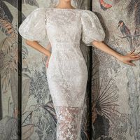Robe Femme Été 2025 Nouvelle Collection Style Rétro Manches Bulles Broderie Dentelle Coupe Ajustée Élégante