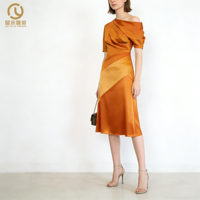 Robe d'été en satin pour femmes personnalisée, élégante, asymétrique, à épaules dénudées, drapée, robe mi-longue pour femmes, vente en gros