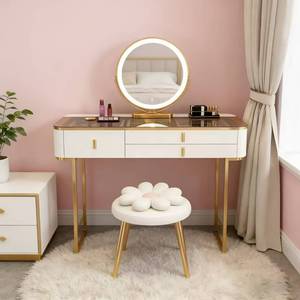 Vente flash, coiffeuse de luxe légère, cadre doré, tabouret à fleurs, ensemble de coiffeuse, miroir LED, tiroirs de rangement pour la chambre à coucher - Product Image 3